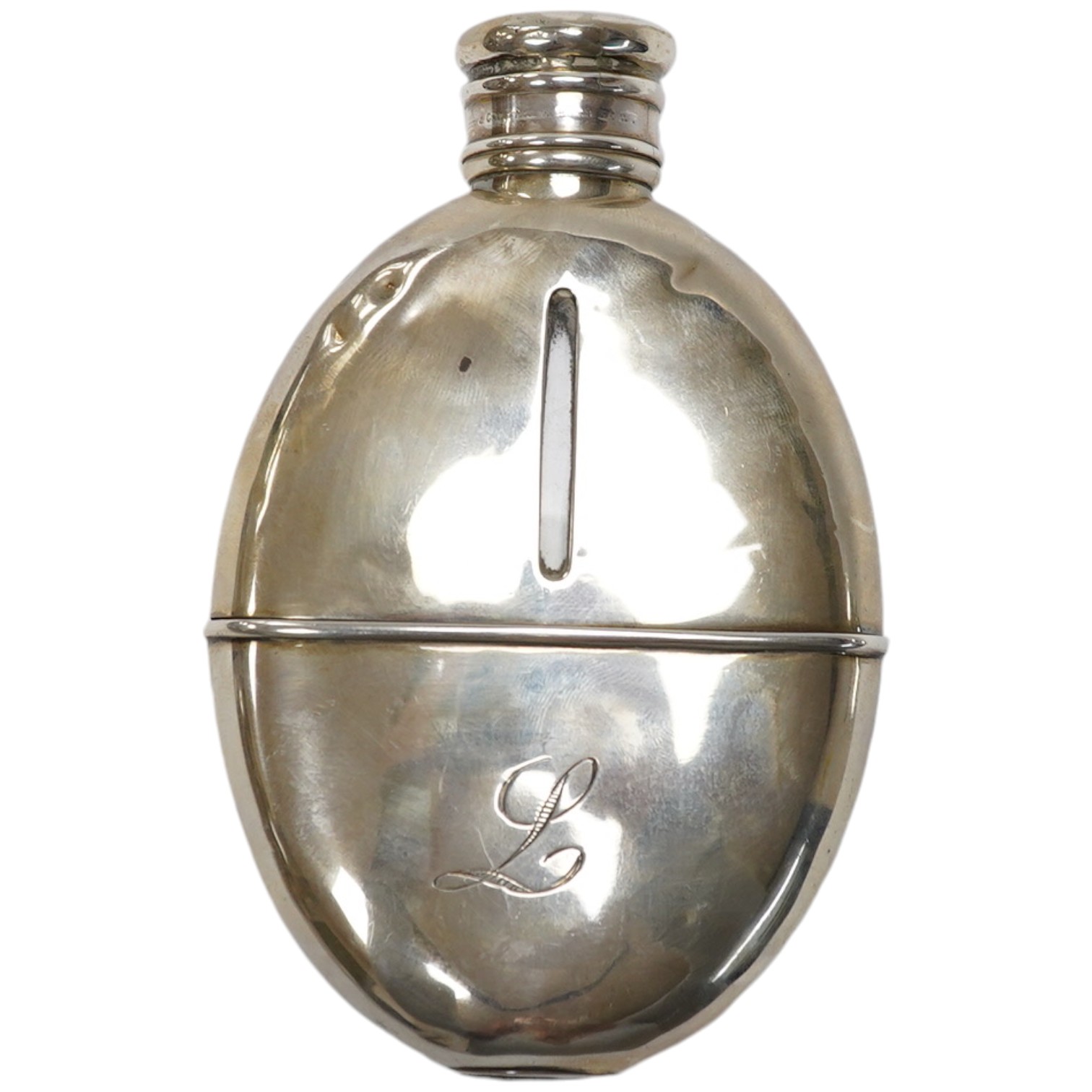 A Victorian silver oval pocket flask, John Linegar, Birmingham, 1872, 12.8cm. Condition - poor